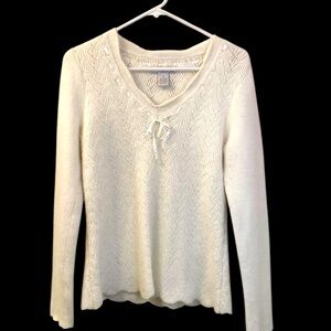 Lucy & Laurel Angora Sweater White Scalloped Edges Bow Beautiful Knit WM SZ M
